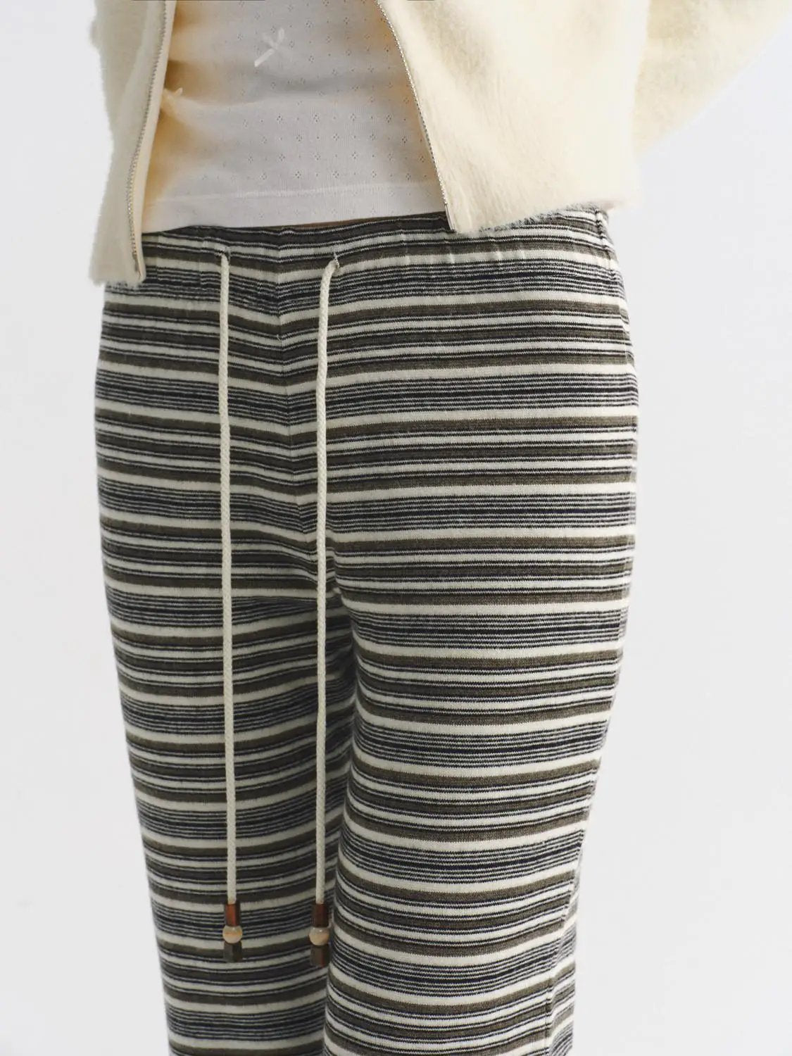 Striped Drawstring Waist Flared Full Length Knit Pants