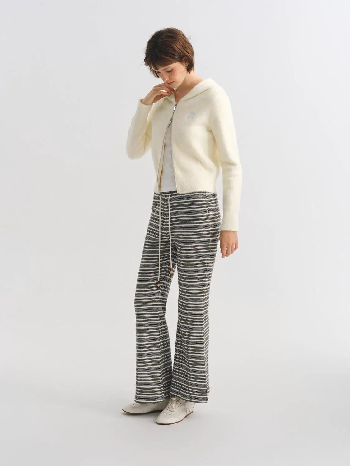 Striped Drawstring Waist Flared Full Length Knit Pants