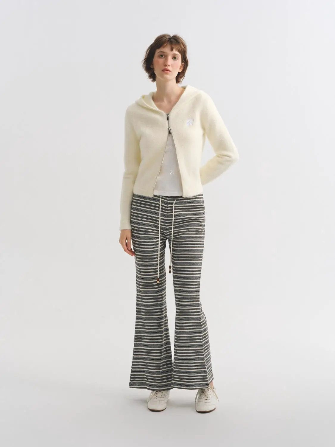 Striped Drawstring Waist Flared Full Length Knit Pants