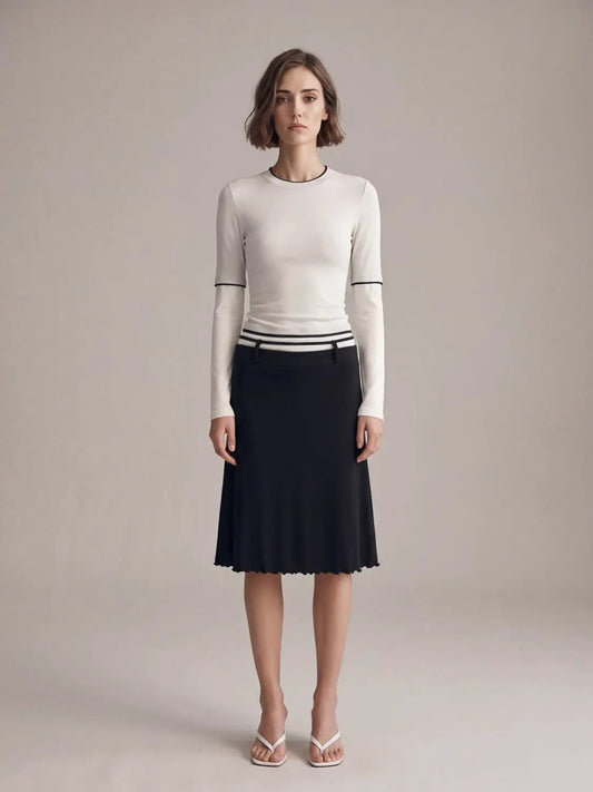 2-In-1 Contrast Trim Crew Neck Long Sleeve Slim Knit Top