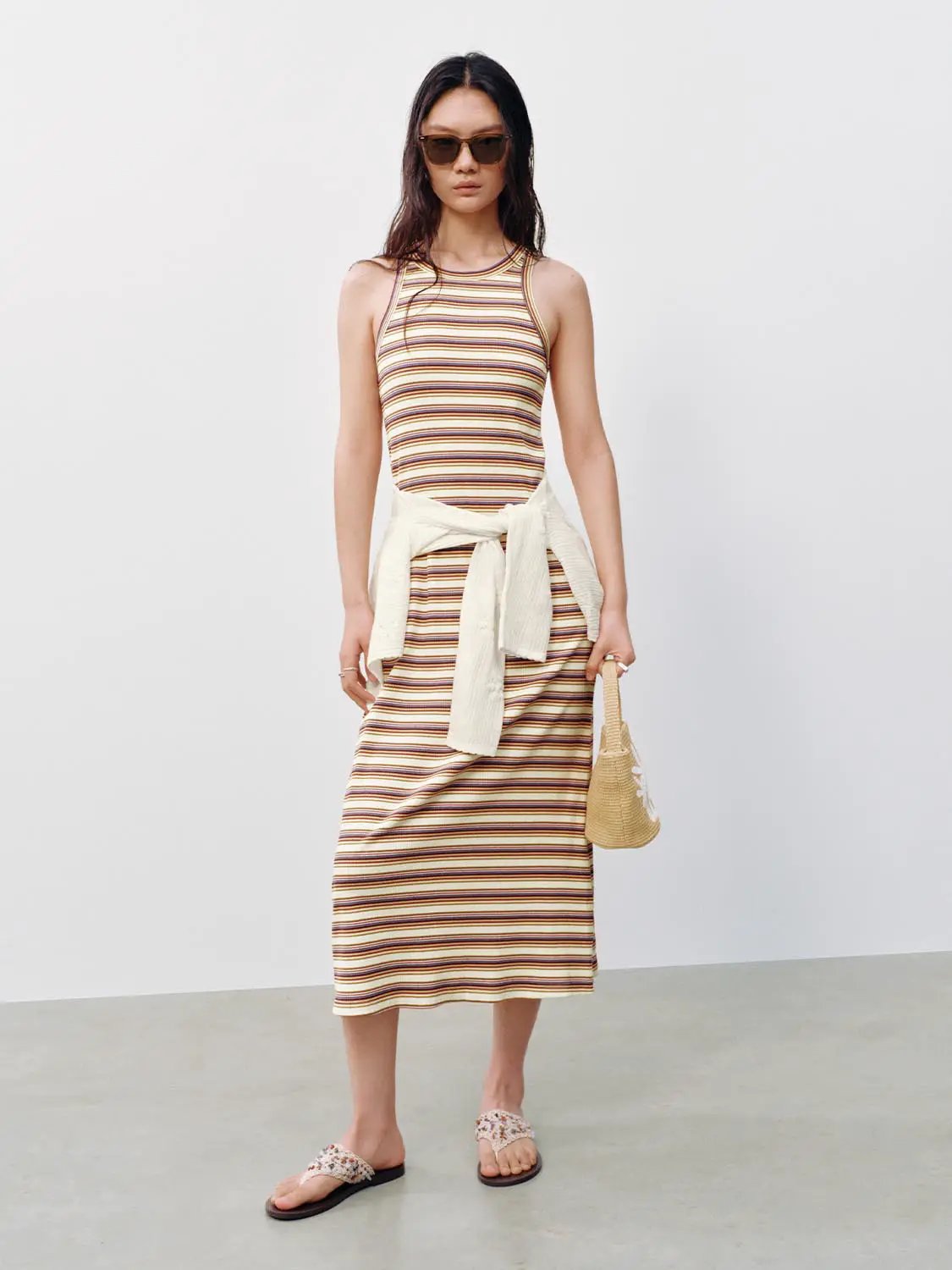 Round Neck Striped Cotton Sleeveless Loose A-Line Midi Dress