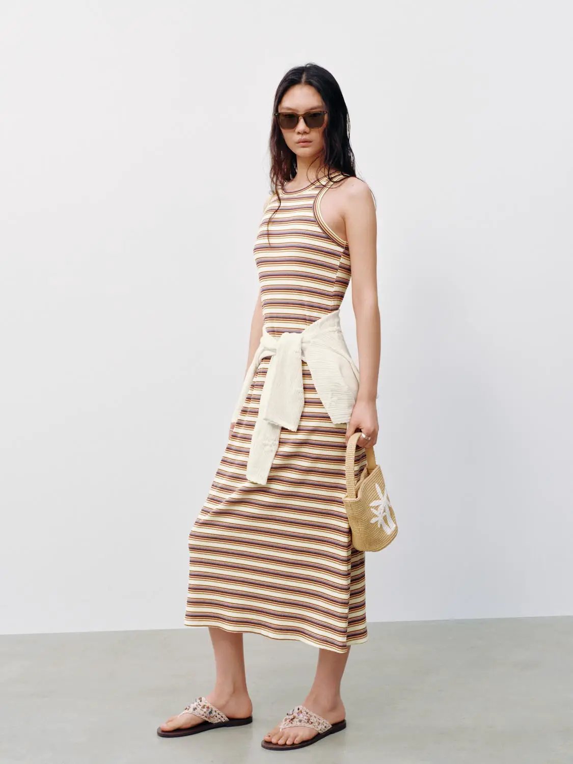 Round Neck Striped Cotton Sleeveless Loose A-Line Midi Dress