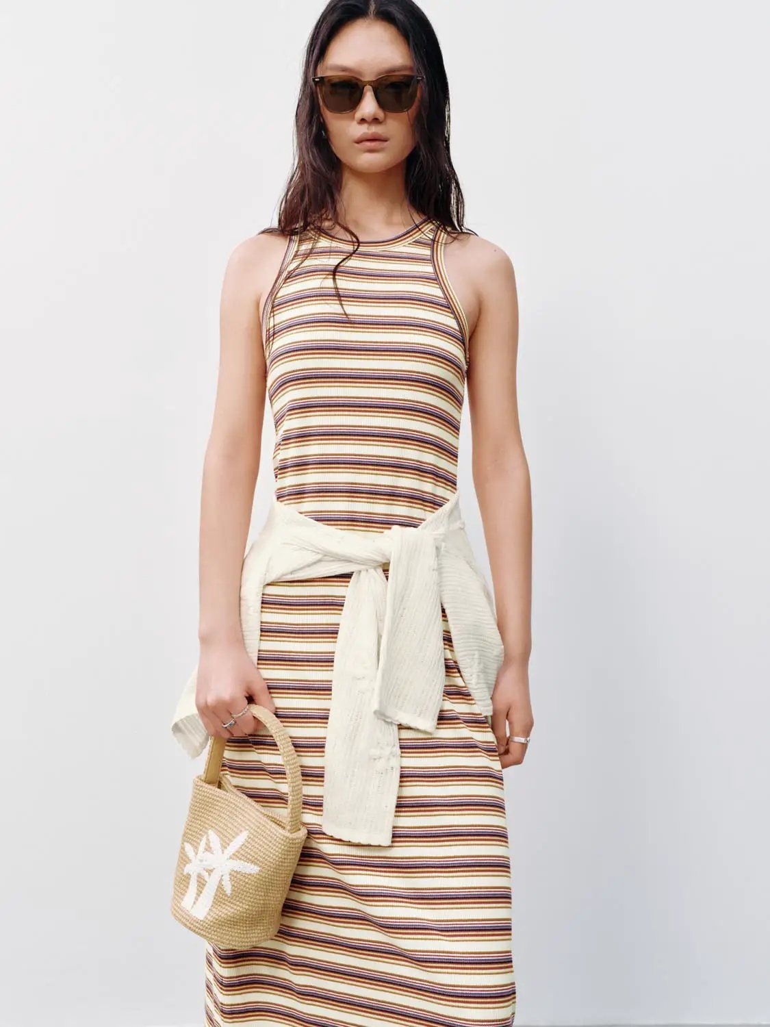 Round Neck Striped Cotton Sleeveless Loose A-Line Midi Dress