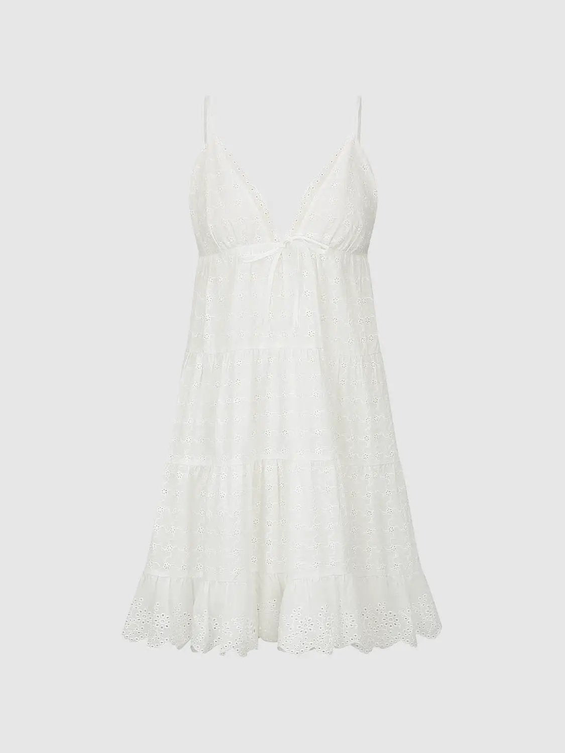 Eyelet Tiered Ruffle Sleeveless V-Neck Tie Waist Cotton Dress