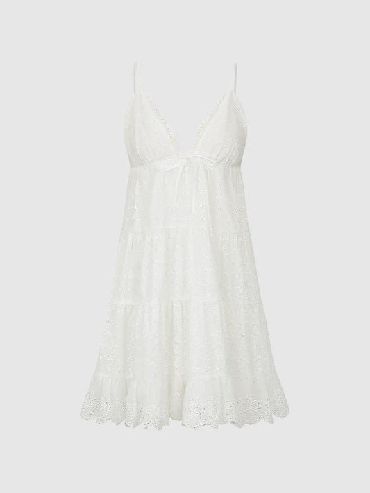 Eyelet Tiered Ruffle Sleeveless V-Neck Tie Waist Cotton Dress