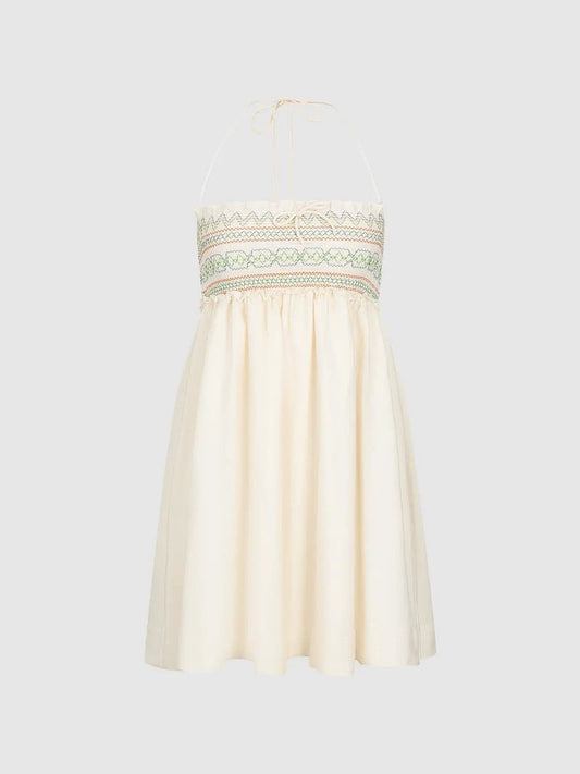 Ruffle Trim Smocked Embroidered A-Line Tie Neck Sleeveless Mini Dress