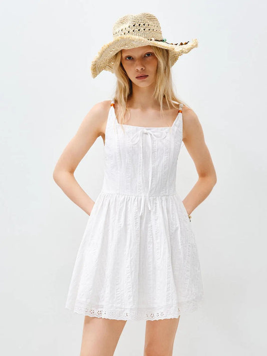 Square Neck Tie Eyelet Embroidery Lace Hem Cami Mini Dress