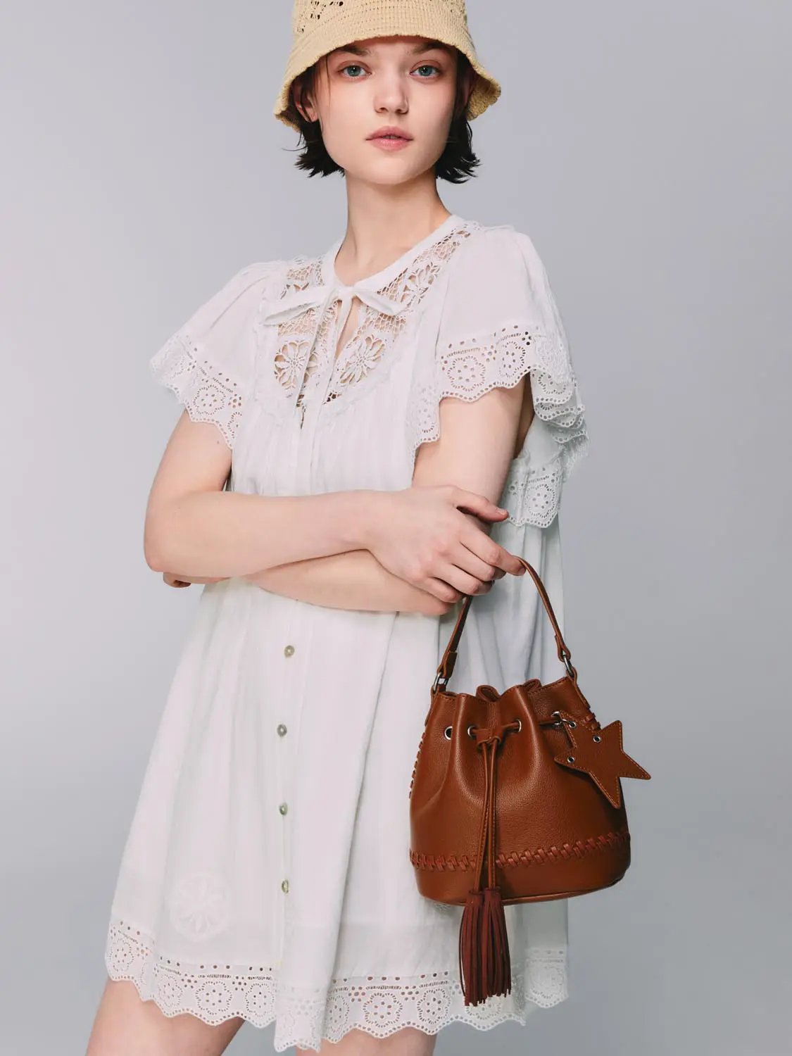 Lace V Neck Tie Flutter Sleeve Scalloped Hem Mini Dress
