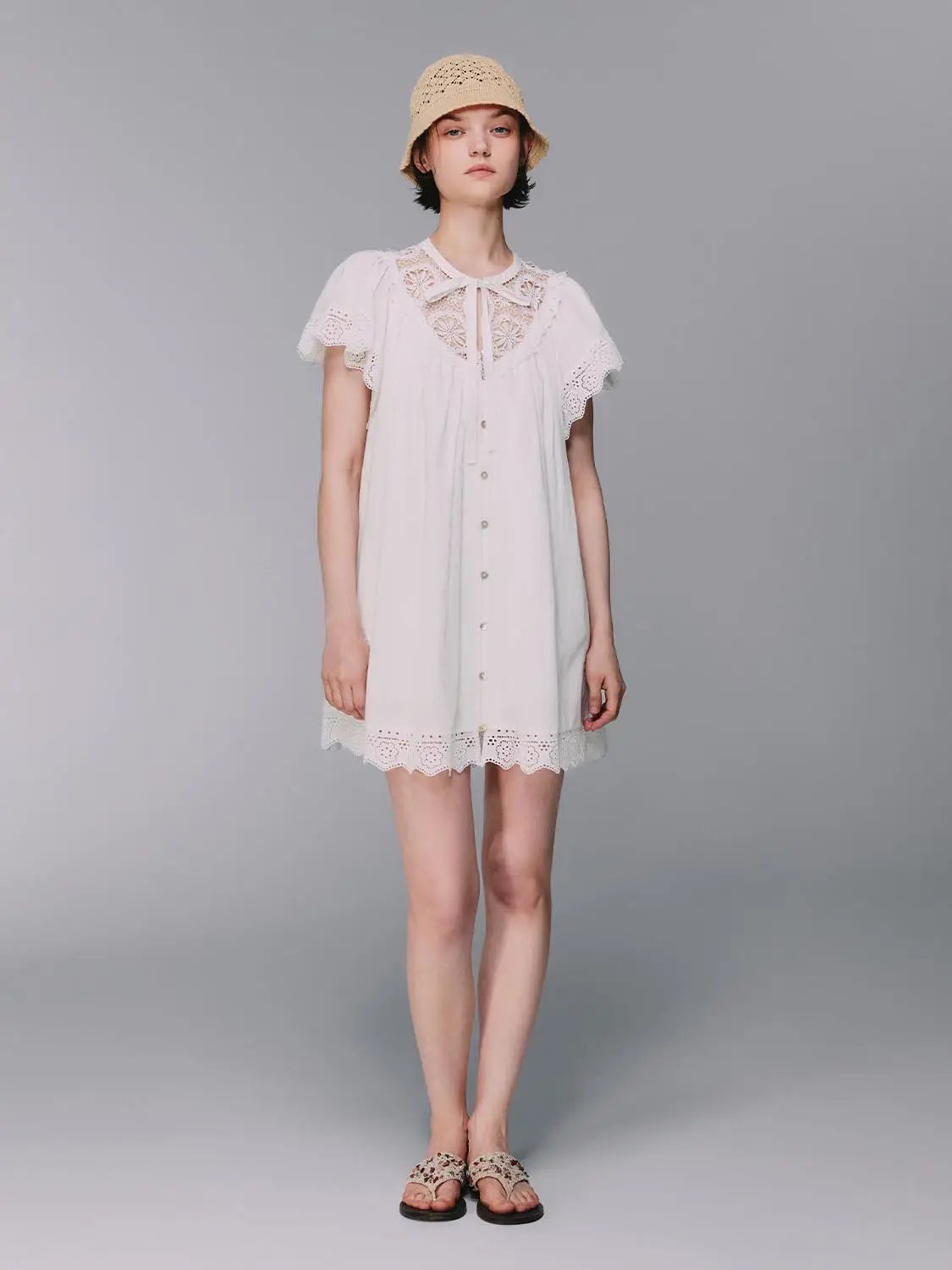 Lace V Neck Tie Flutter Sleeve Scalloped Hem Mini Dress