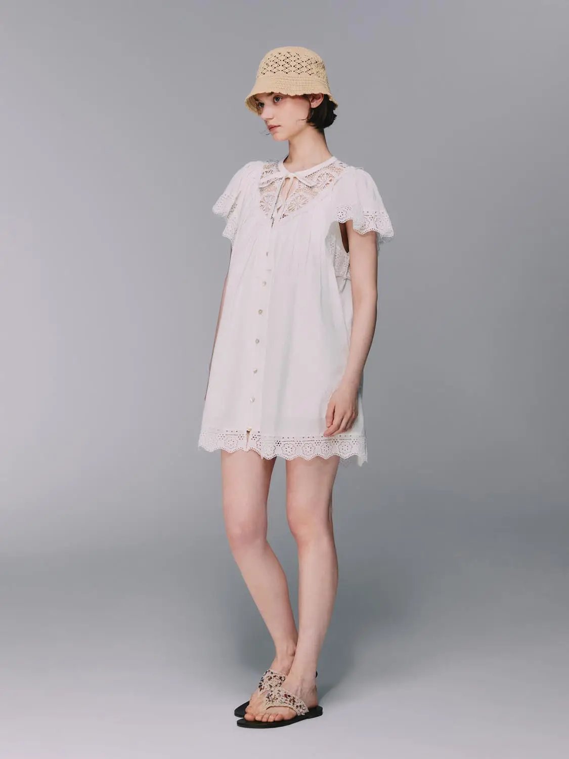 Lace V Neck Tie Flutter Sleeve Scalloped Hem Mini Dress