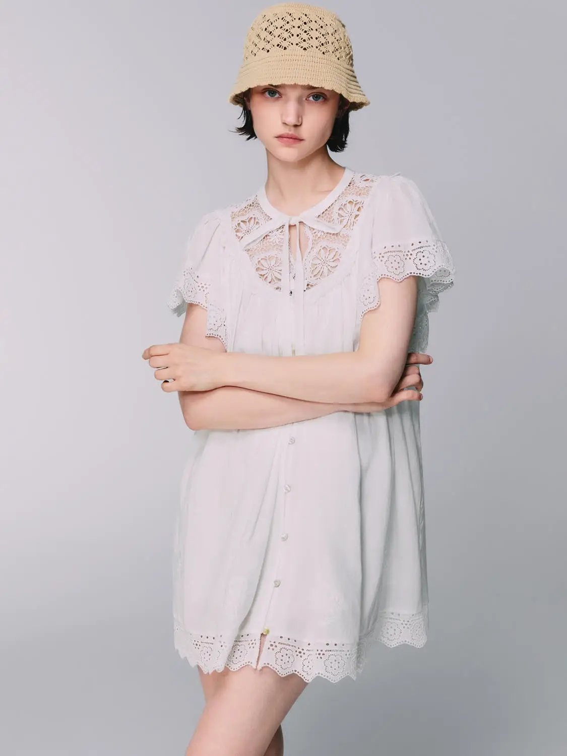 Lace V Neck Tie Flutter Sleeve Scalloped Hem Mini Dress