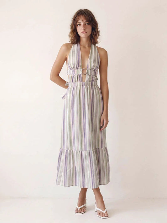 Striped V-neck Sleeveless Ruffle Maxi Dress