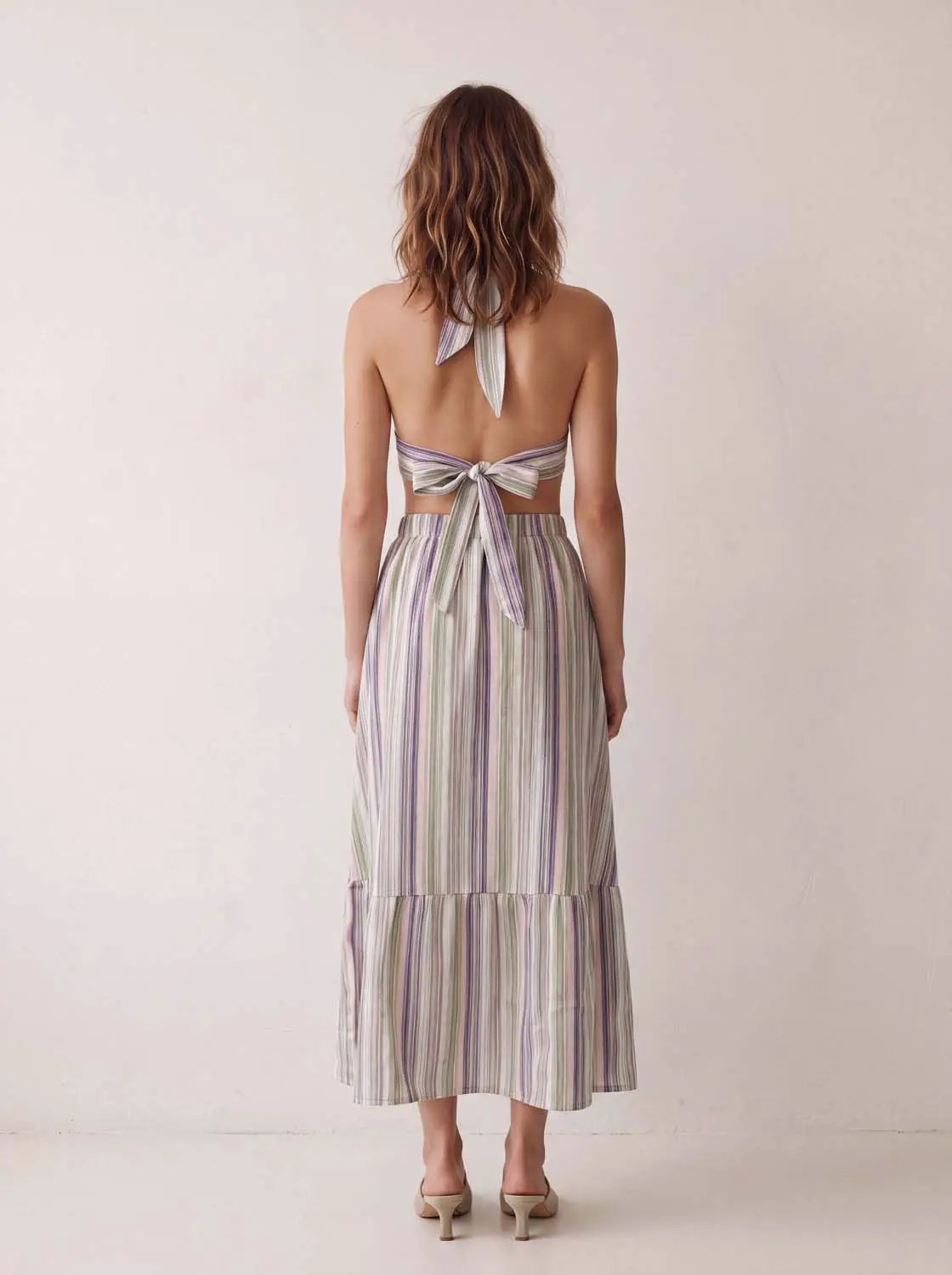 Striped V-neck Sleeveless Ruffle Maxi Dress