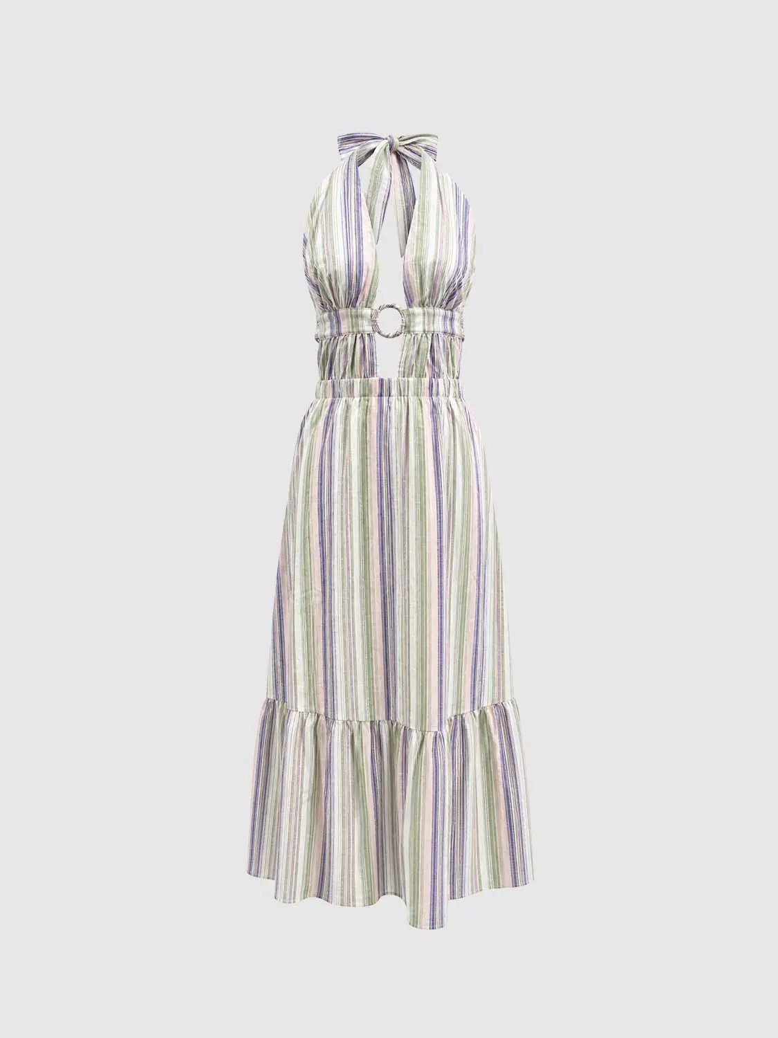 Striped V-neck Sleeveless Ruffle Maxi Dress