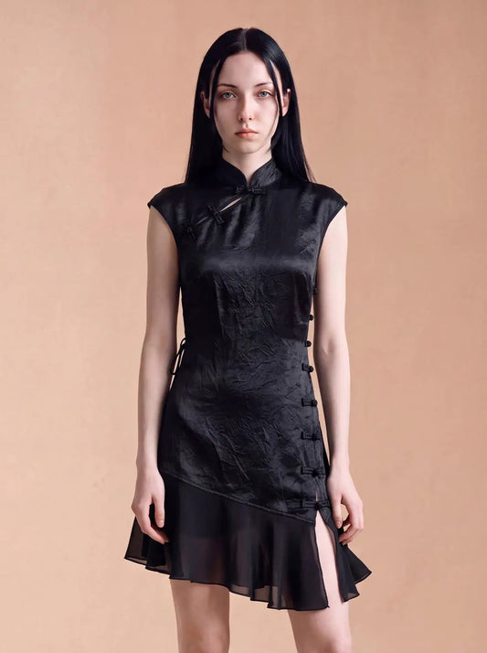 Textured Mandarin Collar Button Front Sleeveless Mini Dress