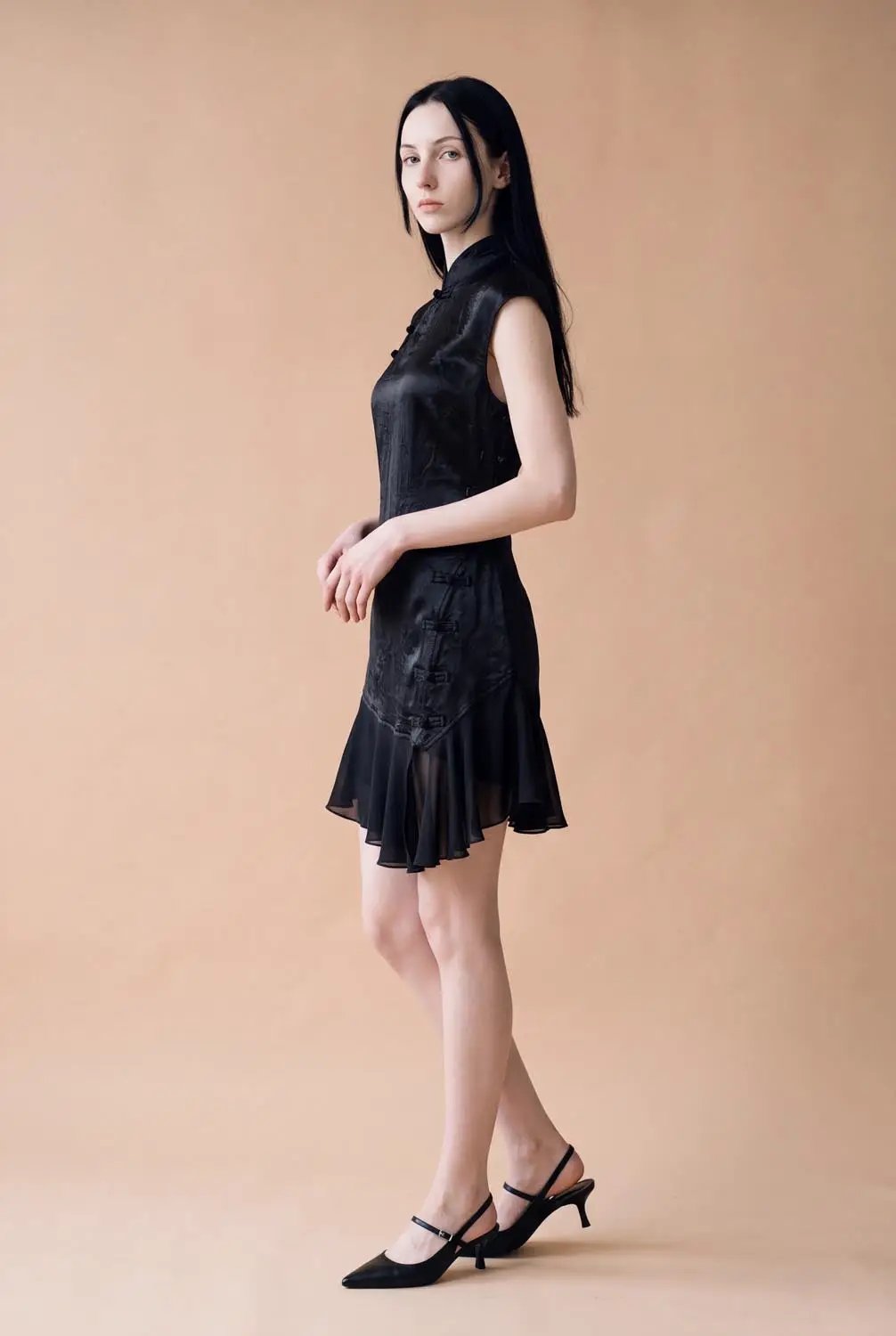 Textured Mandarin Collar Button Front Sleeveless Mini Dress