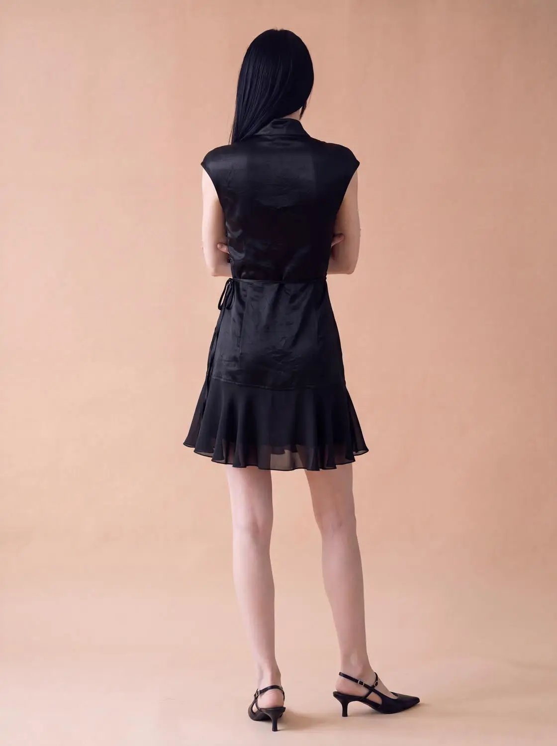 Textured Mandarin Collar Button Front Sleeveless Mini Dress
