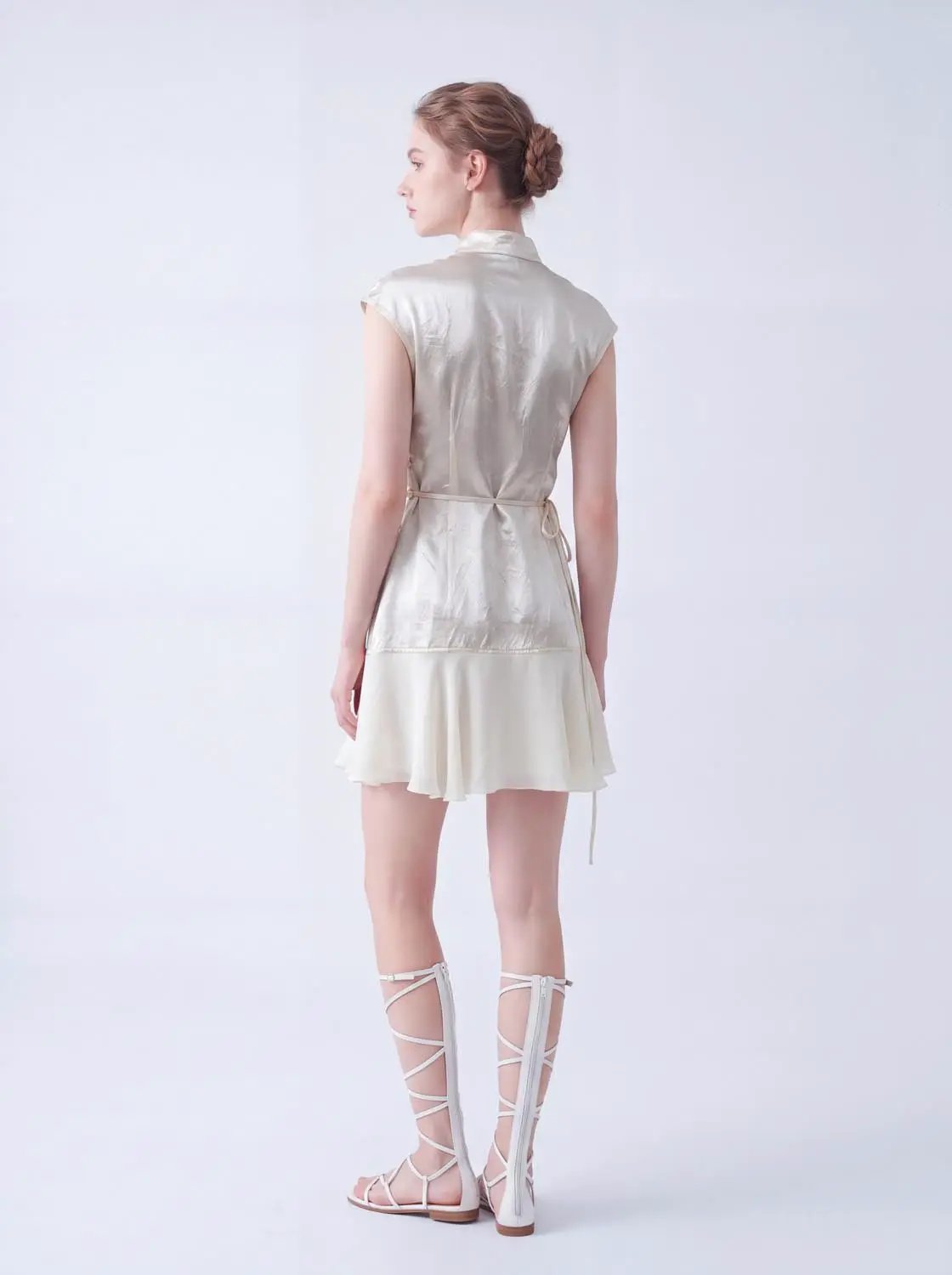 Textured Mandarin Collar Button Front Sleeveless Mini Dress
