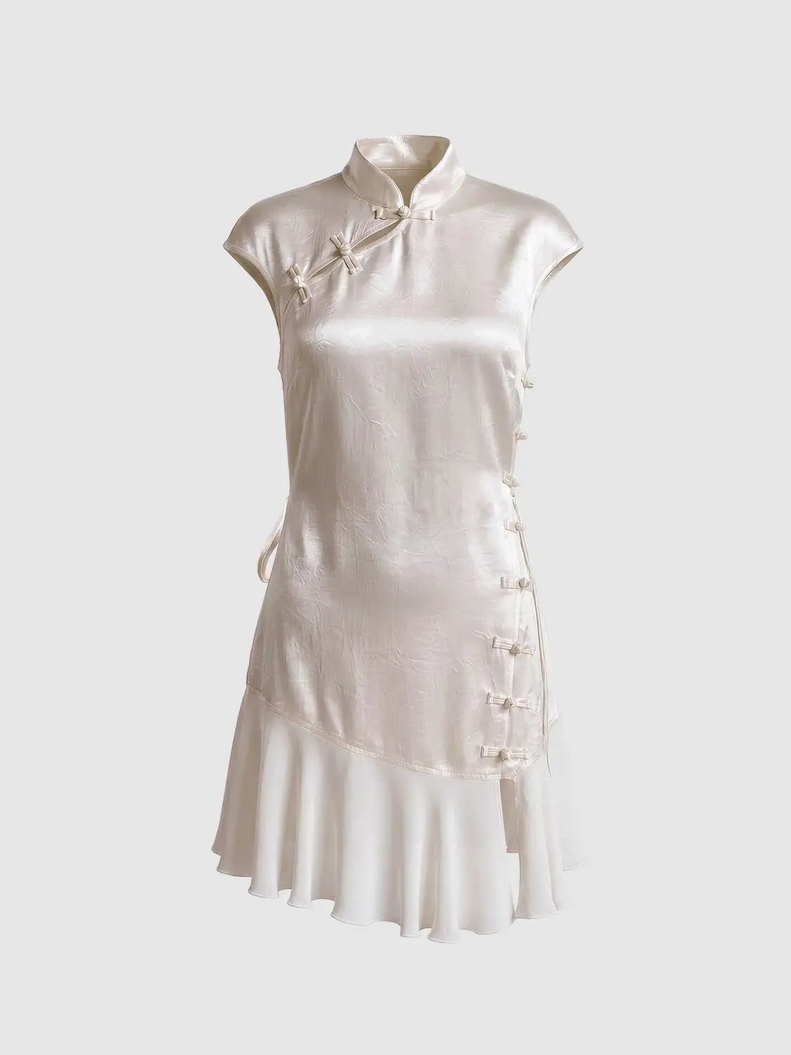 Textured Mandarin Collar Button Front Sleeveless Mini Dress