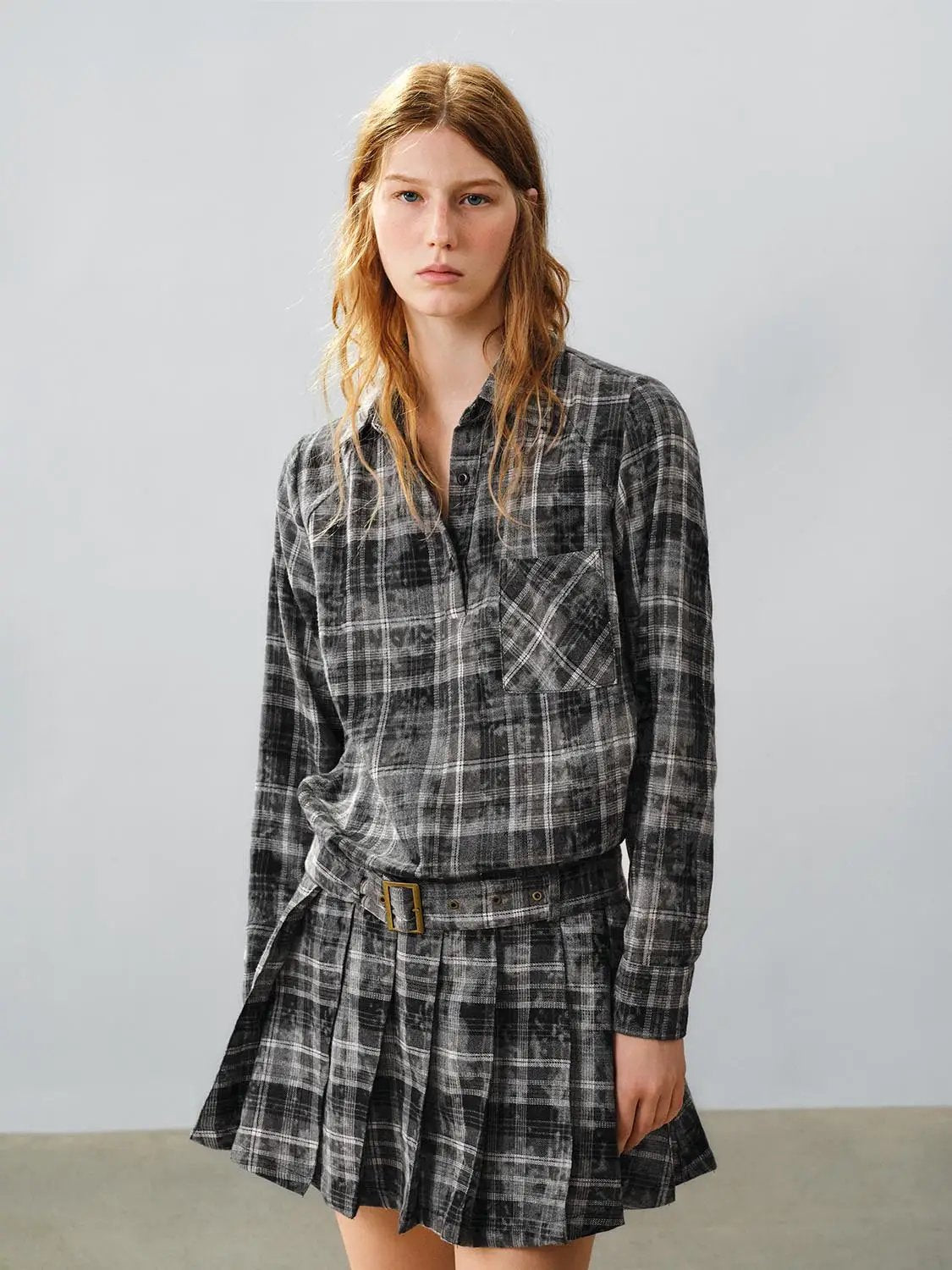Checked Belted Pleated Shirt Collar Long Sleeve Mini Shirt Dress