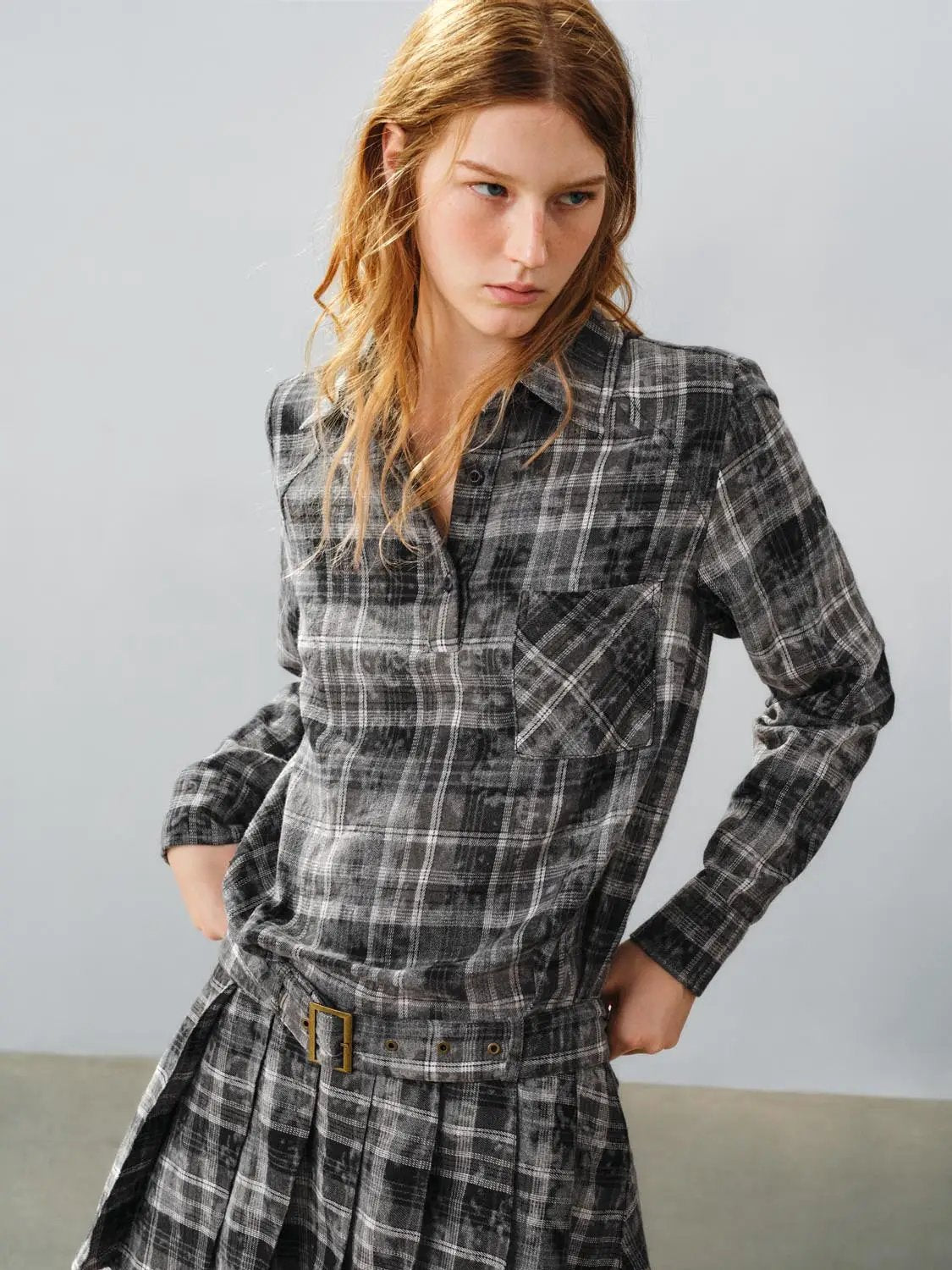 Checked Belted Pleated Shirt Collar Long Sleeve Mini Shirt Dress