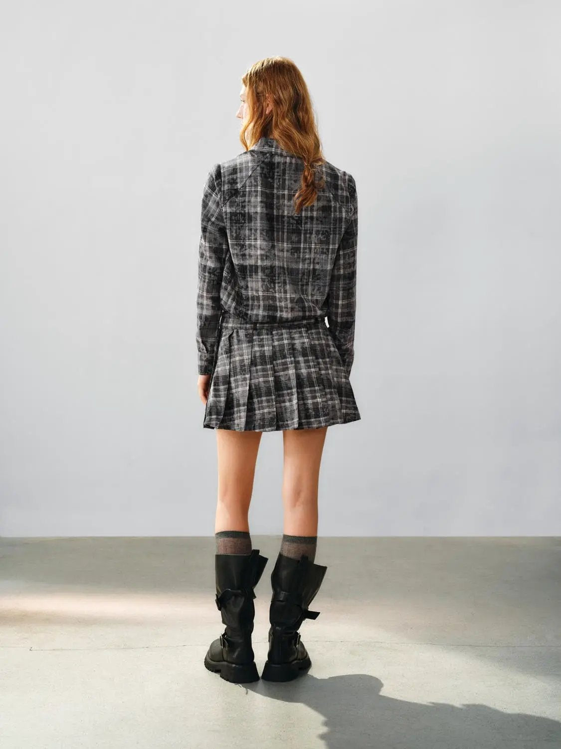 Checked Belted Pleated Shirt Collar Long Sleeve Mini Shirt Dress