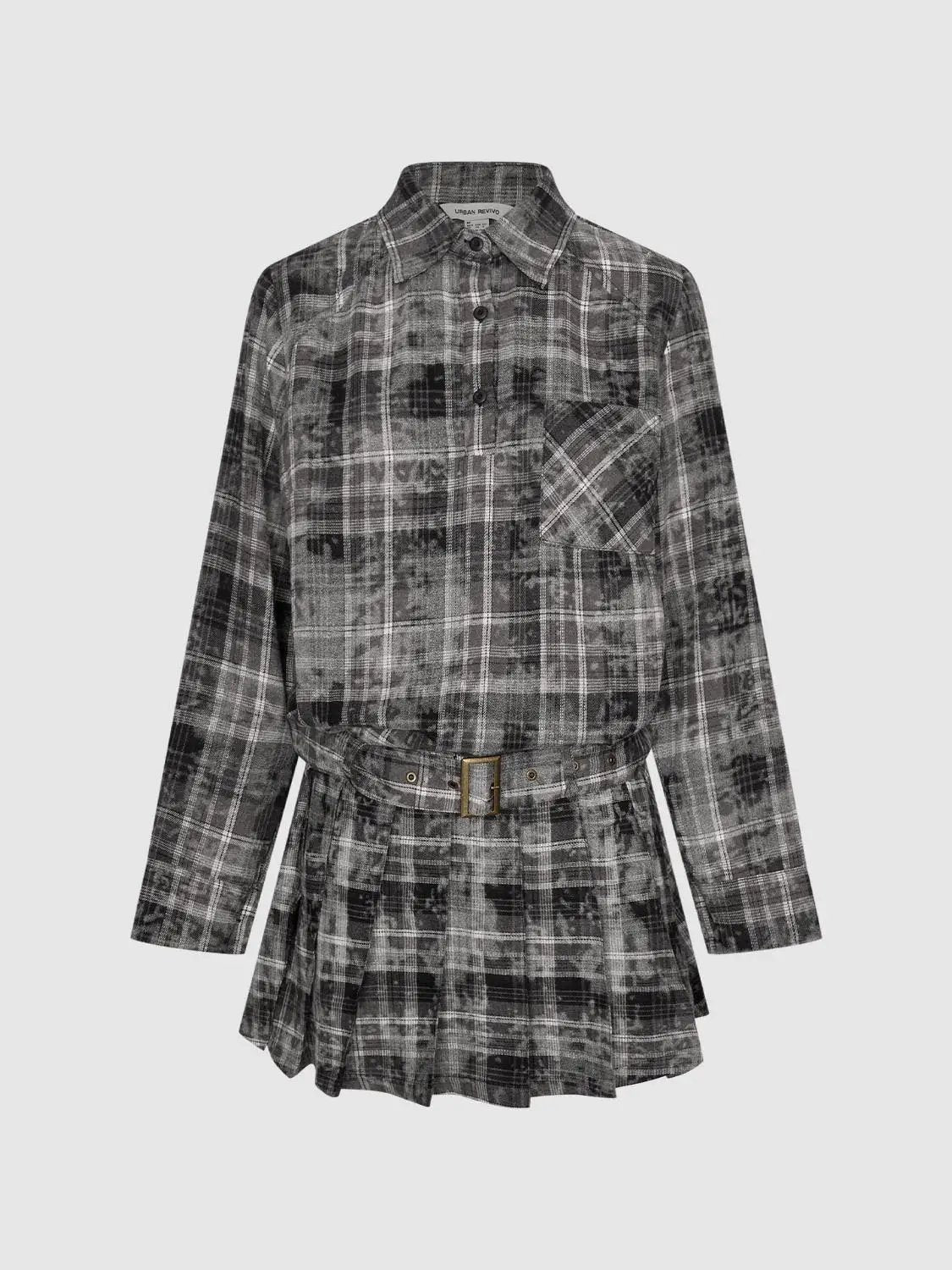Checked Belted Pleated Shirt Collar Long Sleeve Mini Shirt Dress