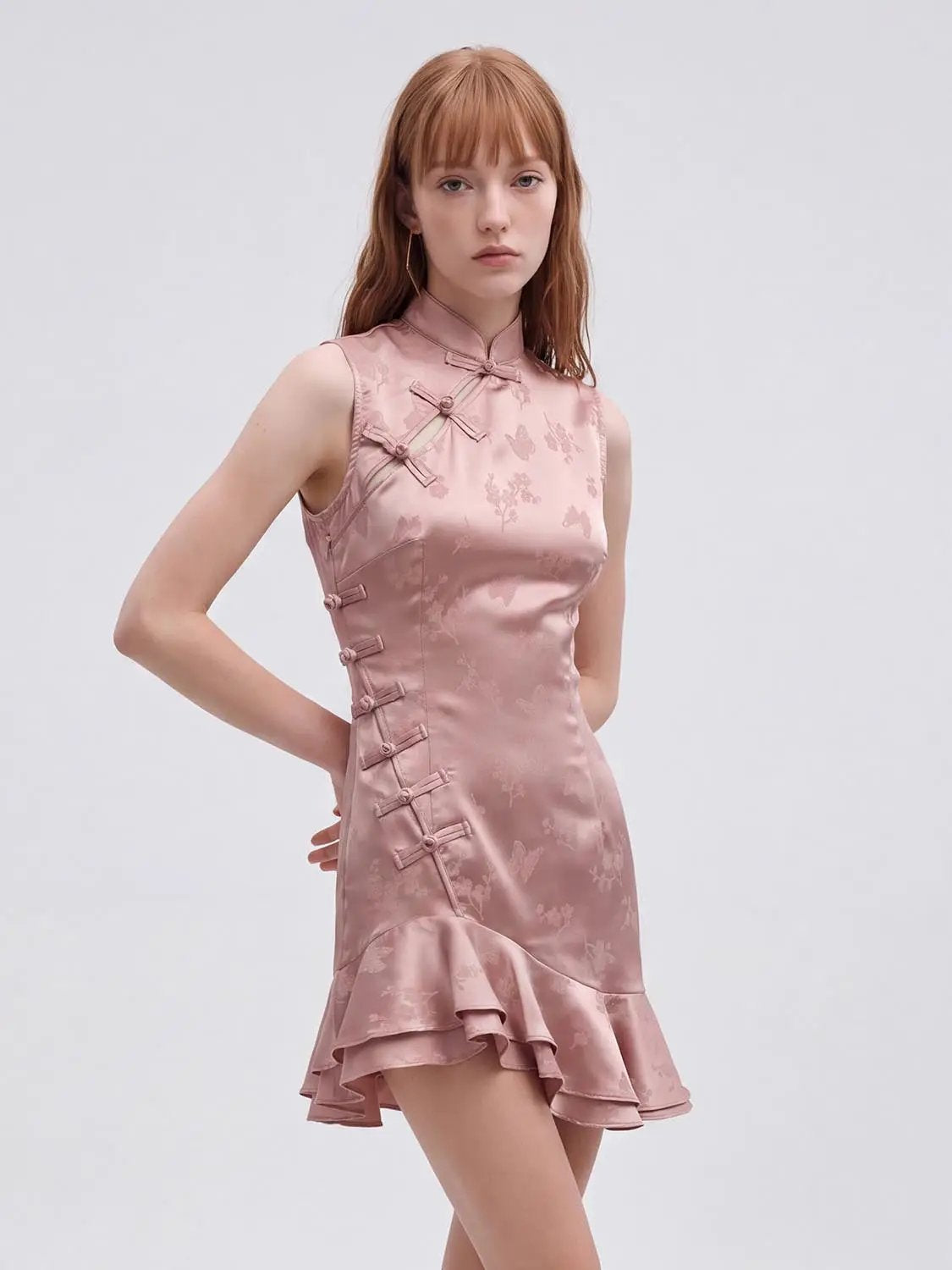 Floral Ruffle Fitted Mock Neck Sleeveless Mini Dress