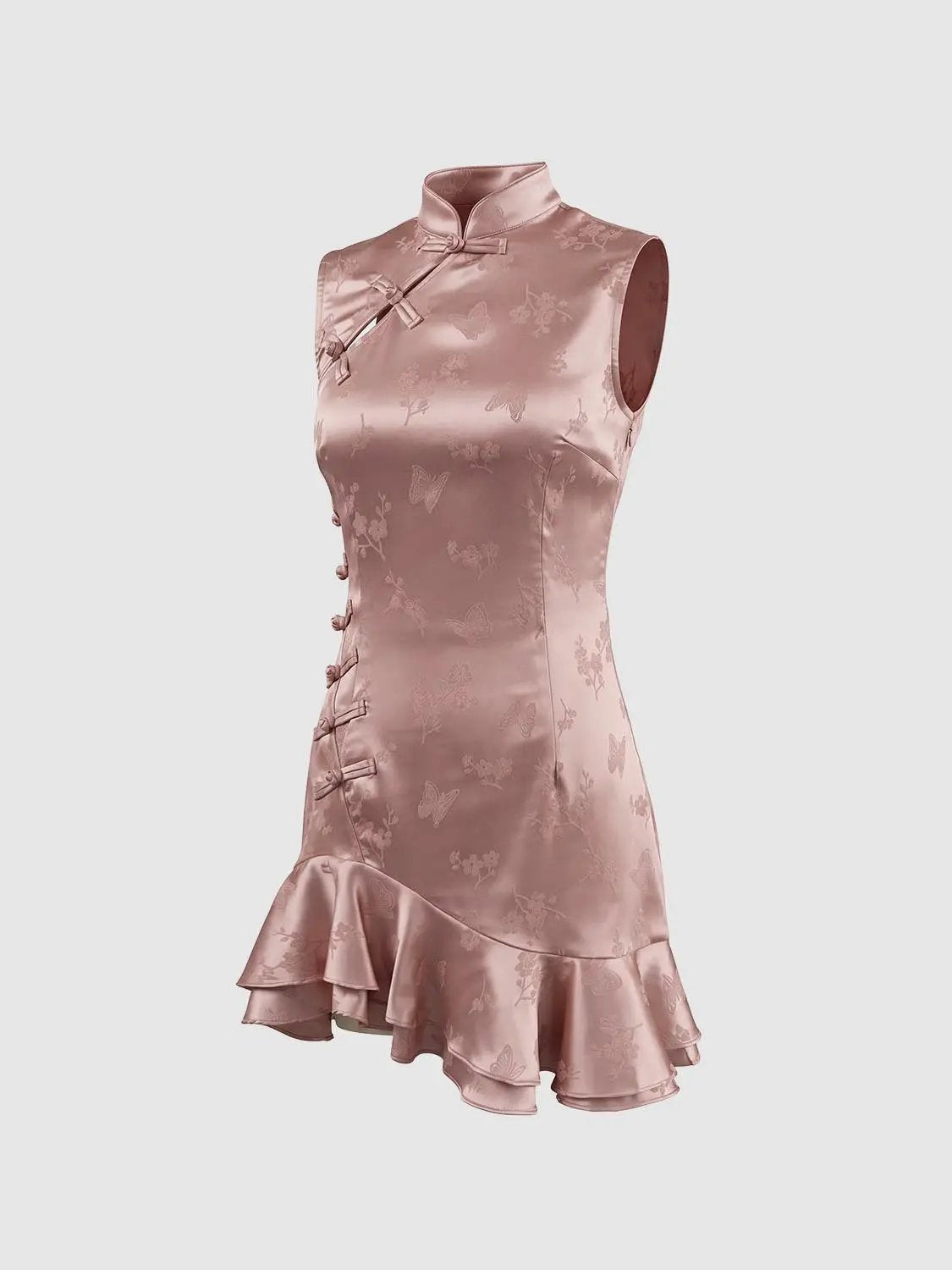 Floral Ruffle Fitted Mock Neck Sleeveless Mini Dress