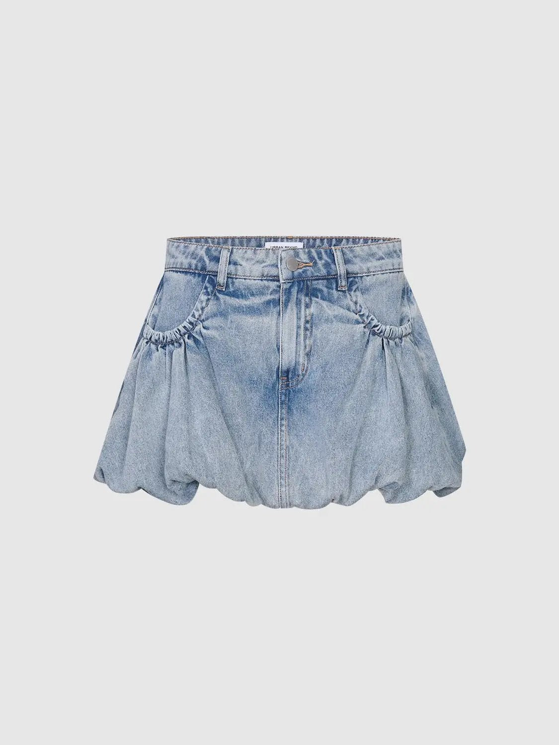 High Waist Side Pocket Bubble Hem Mini Cotton Denim Skirt