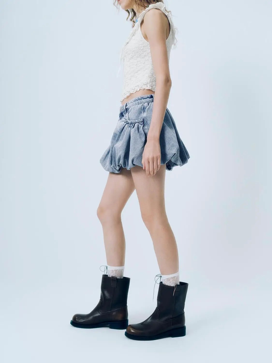 High Waist Side Pocket Bubble Hem Mini Cotton Denim Skirt