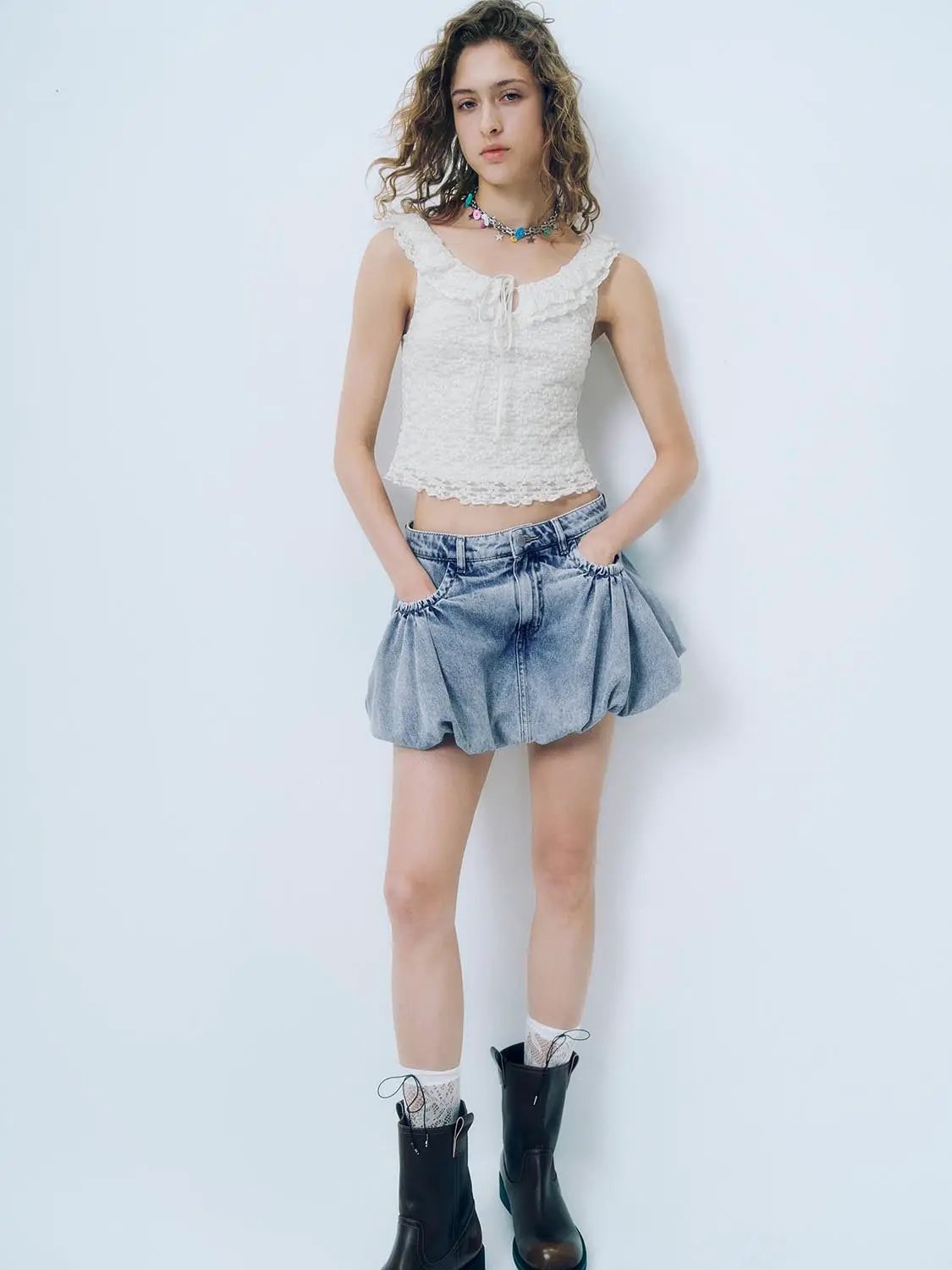 High Waist Side Pocket Bubble Hem Mini Cotton Denim Skirt