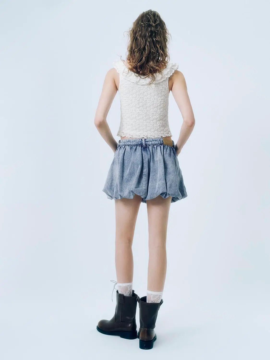 High Waist Side Pocket Bubble Hem Mini Cotton Denim Skirt