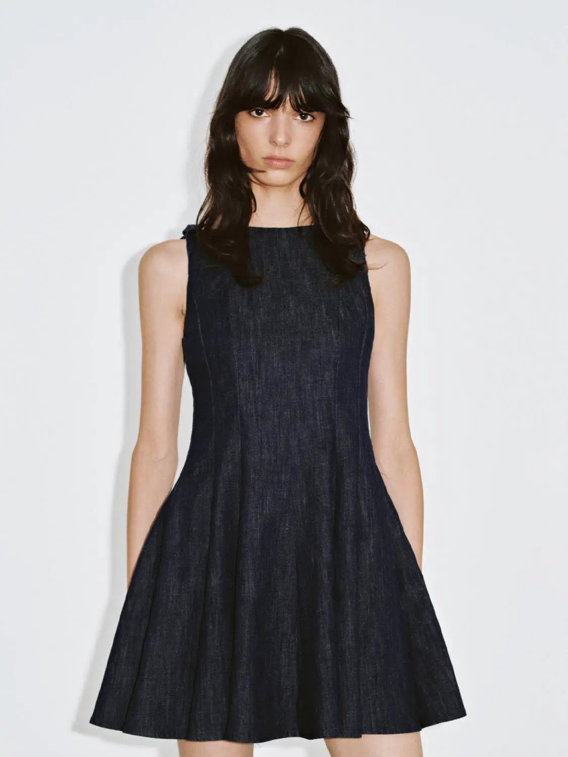 Round Neck Sleeveless A Line Mini Cotton Denim Dress