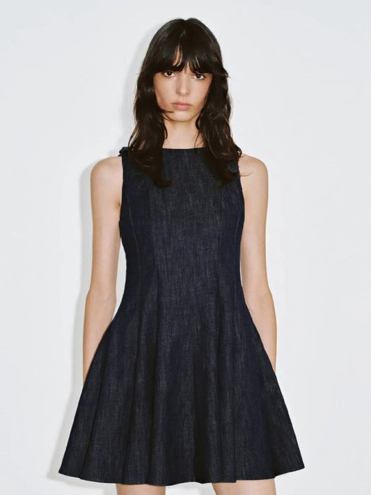 Round Neck Sleeveless A Line Mini Cotton Denim Dress