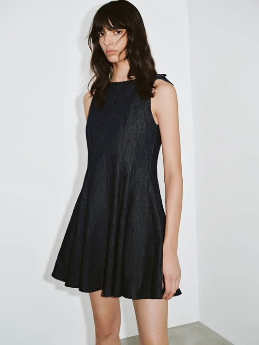 Round Neck Sleeveless A Line Mini Cotton Denim Dress