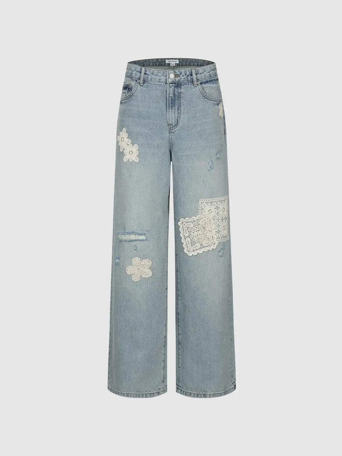 Distressed Lace Patch High Waist Wide-Leg Cotton Denim Jeans