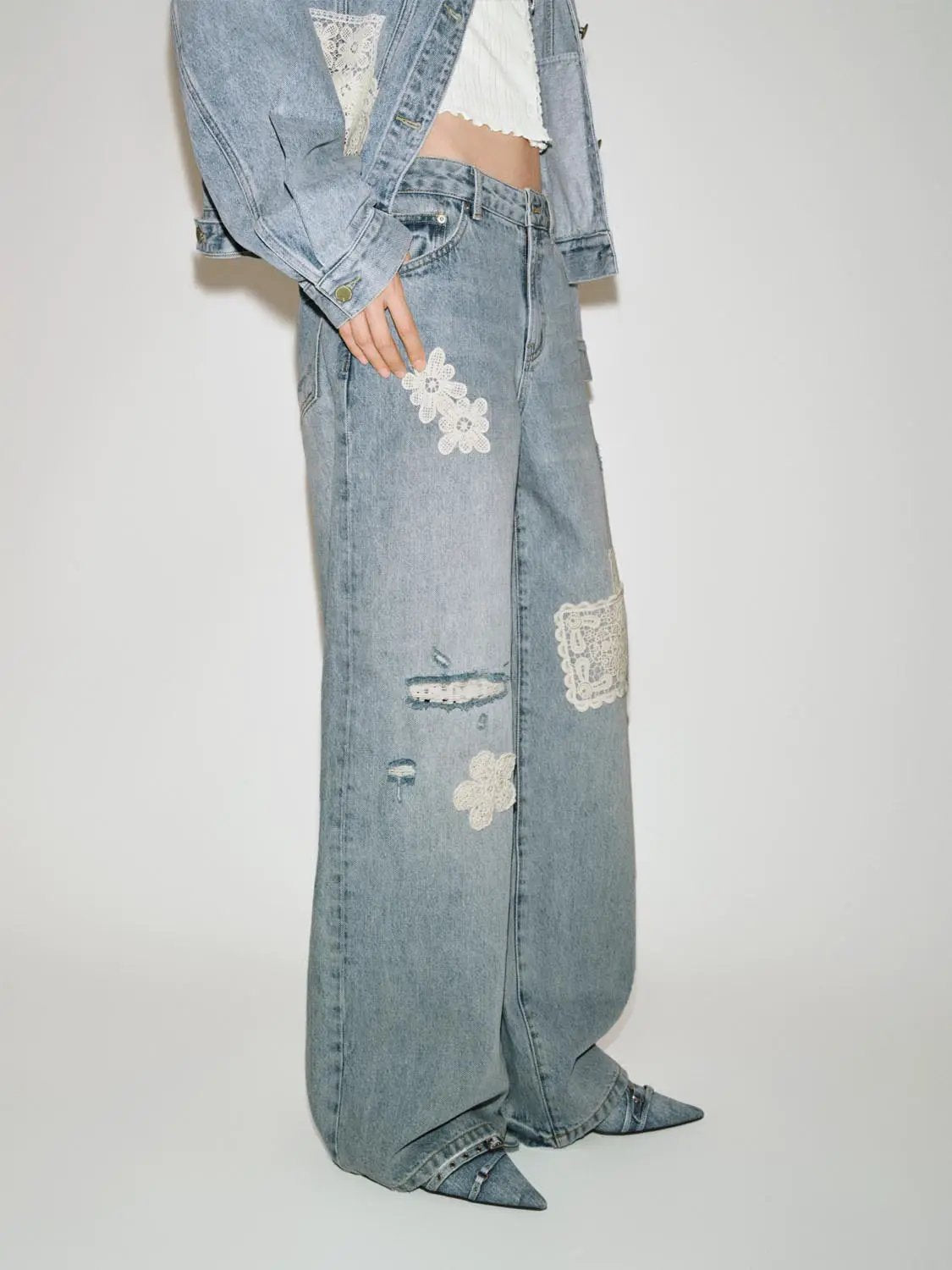 Distressed Lace Patch High Waist Wide-Leg Cotton Denim Jeans