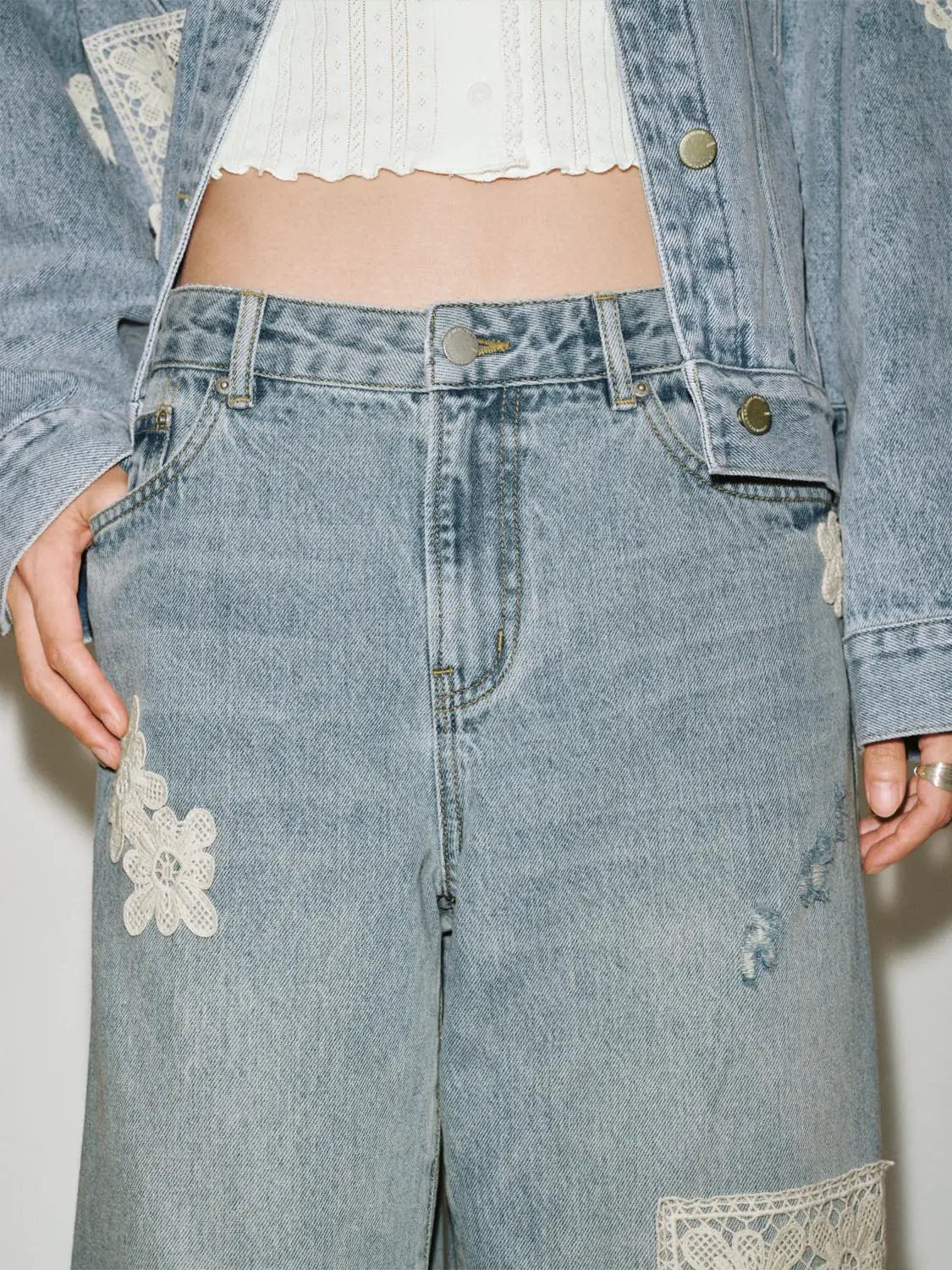 Distressed Lace Patch High Waist Wide-Leg Cotton Denim Jeans