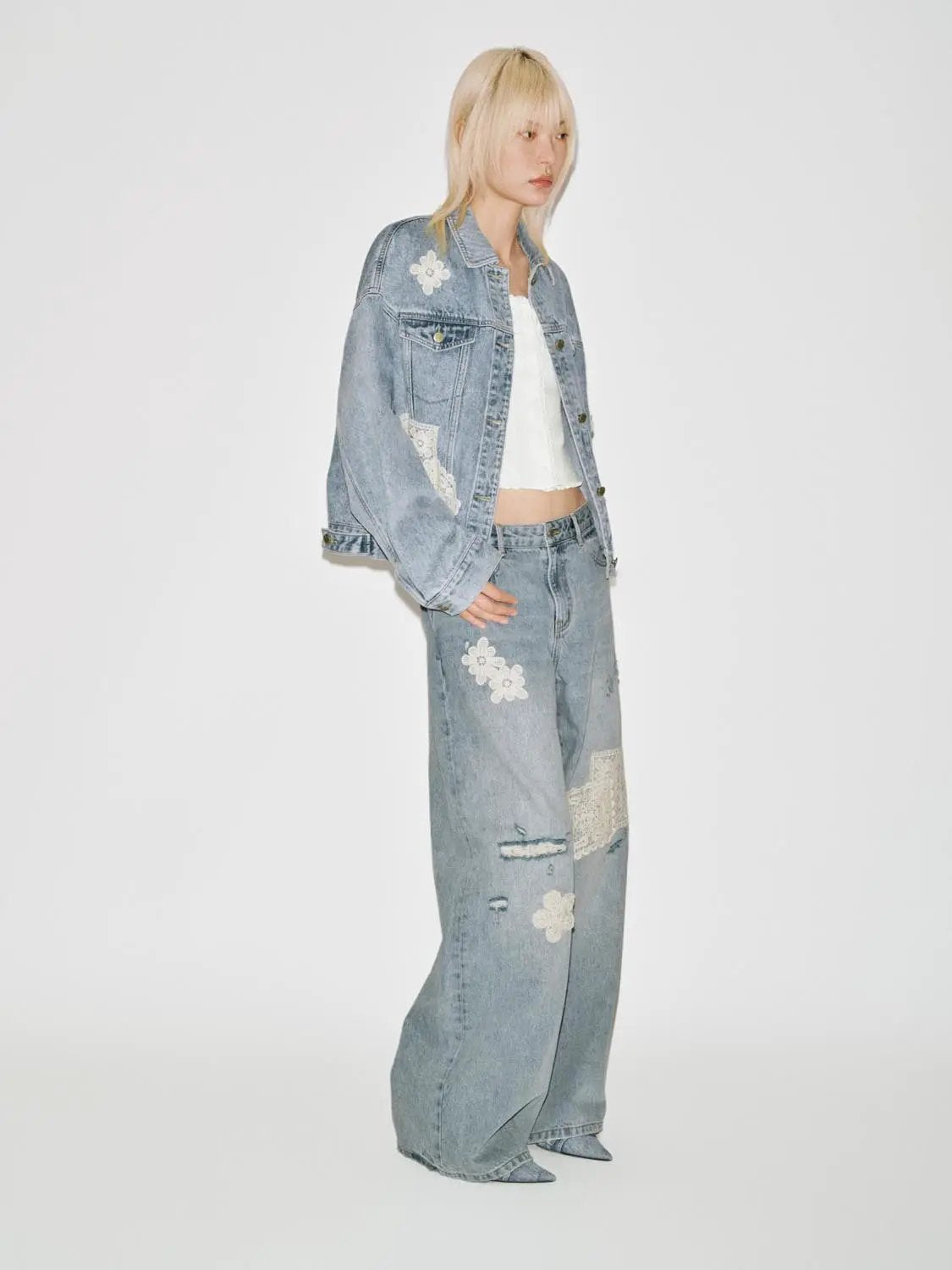 Distressed Lace Patch High Waist Wide-Leg Cotton Denim Jeans