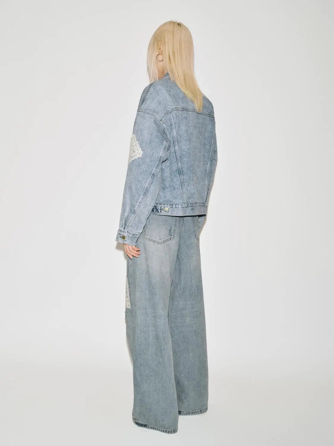 Distressed Lace Patch High Waist Wide-Leg Cotton Denim Jeans