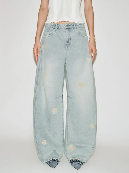 Barrel Leg Floral Embroidery Washed Cotton Denim Jeans