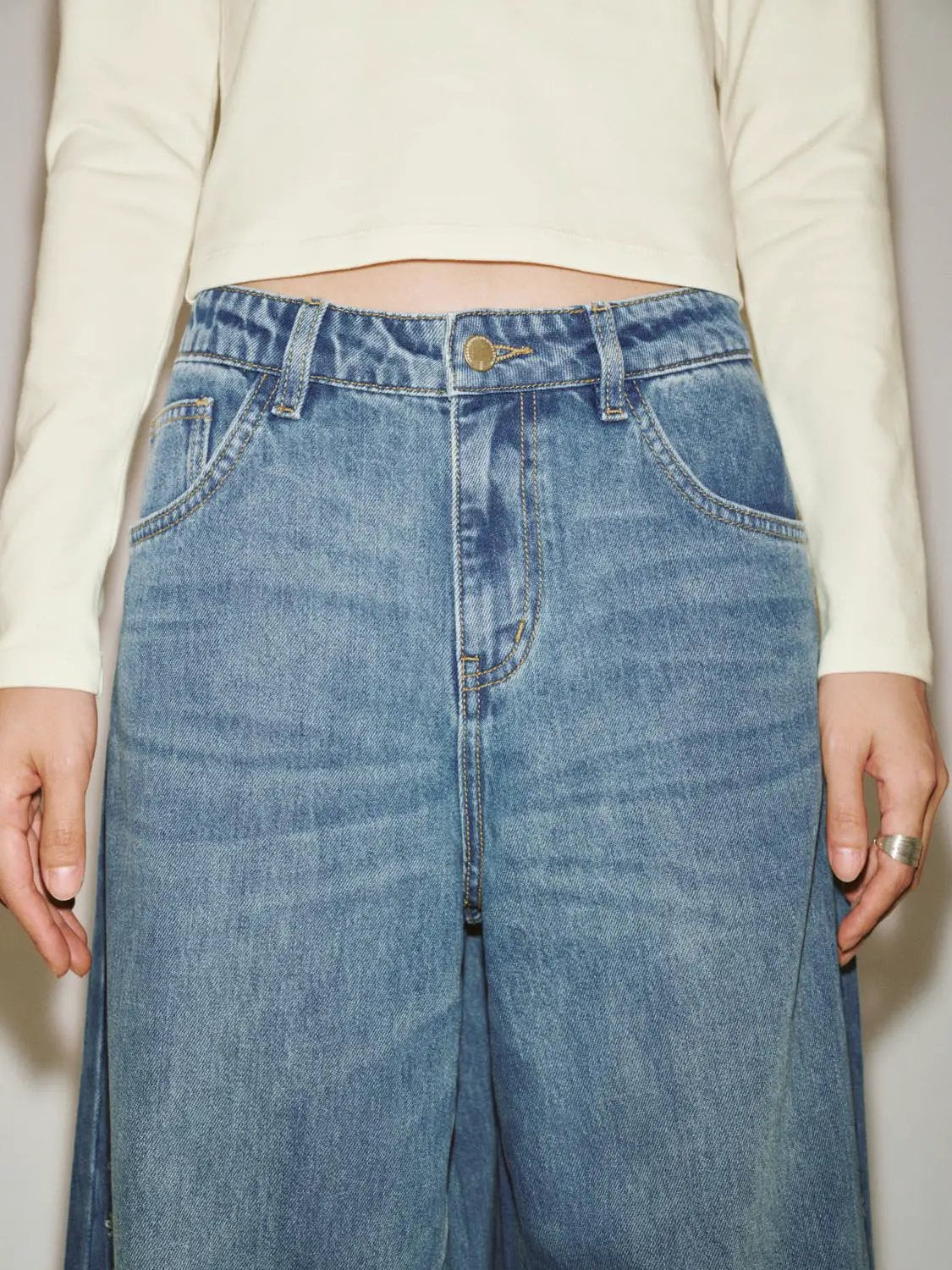 Side Embroidery Detail High Waist Wide Leg Denim Jeans