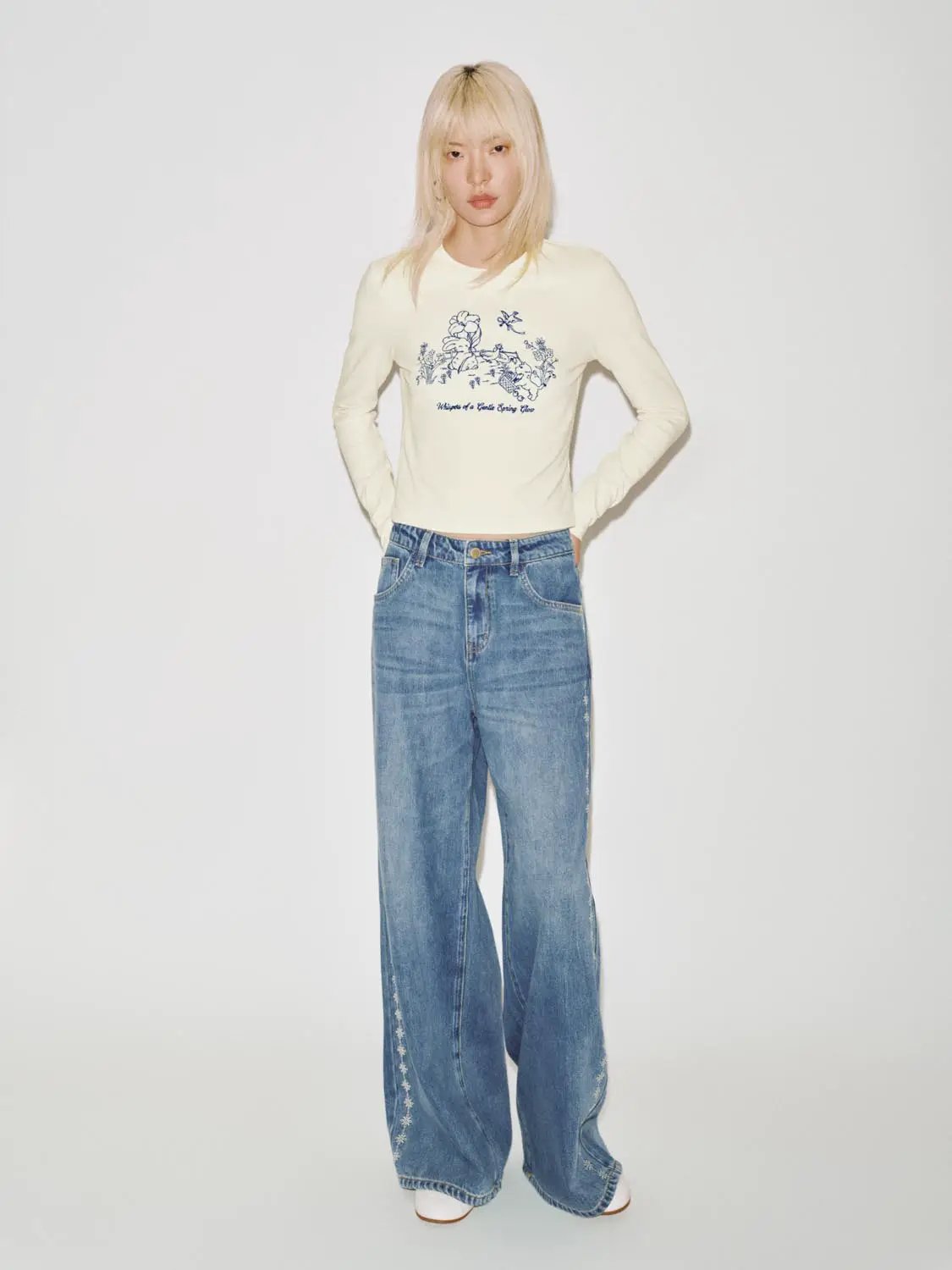 Side Embroidery Detail High Waist Wide Leg Denim Jeans