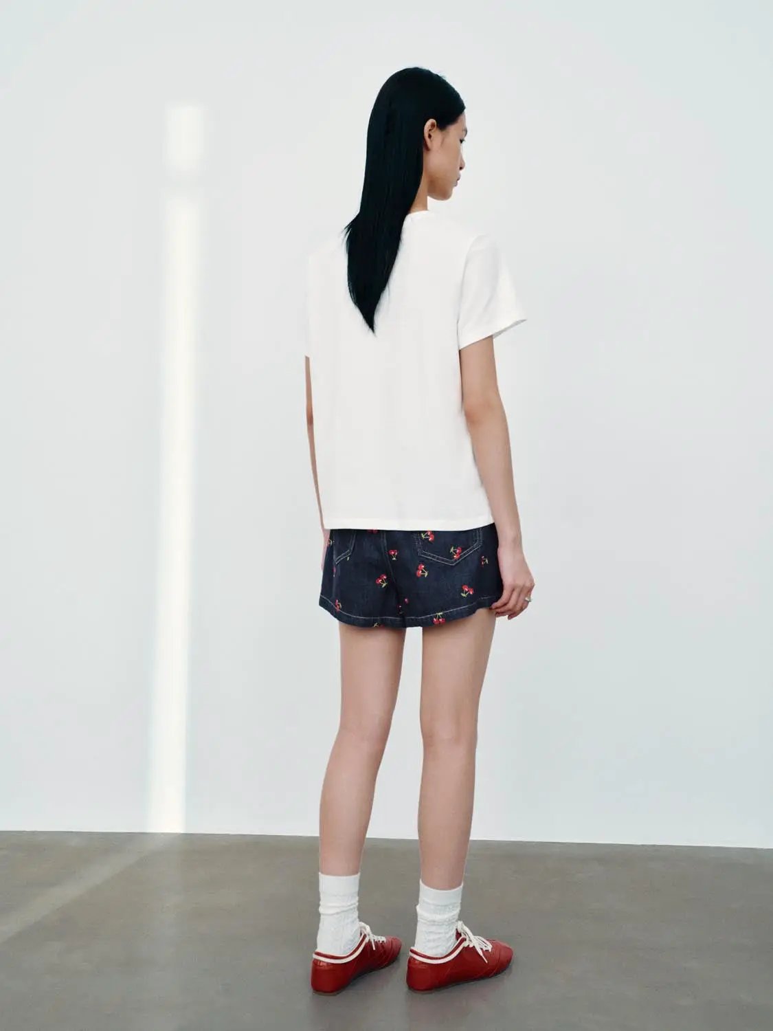 Embroidered Cherry Pattern Cotton High Waist Skort