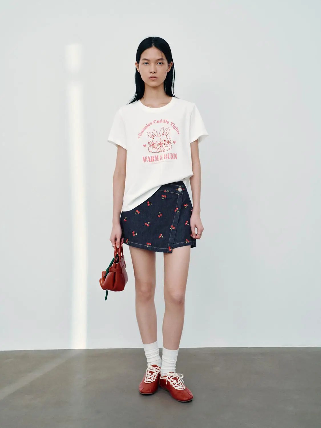 Embroidered Cherry Pattern Cotton High Waist Skort