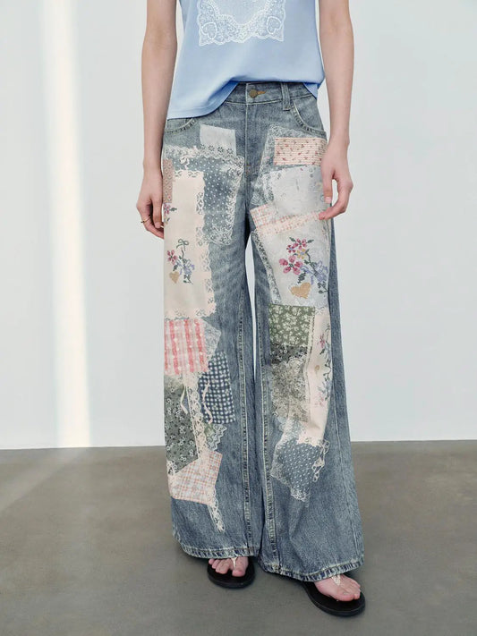 Floral Patchwork Print High Waist Wide Leg Denim Jeans