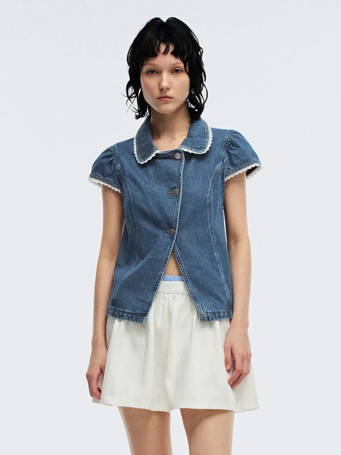 Peter Pan Collar Lace Trim Fit Cotton Cap Sleeve Denim Shirt