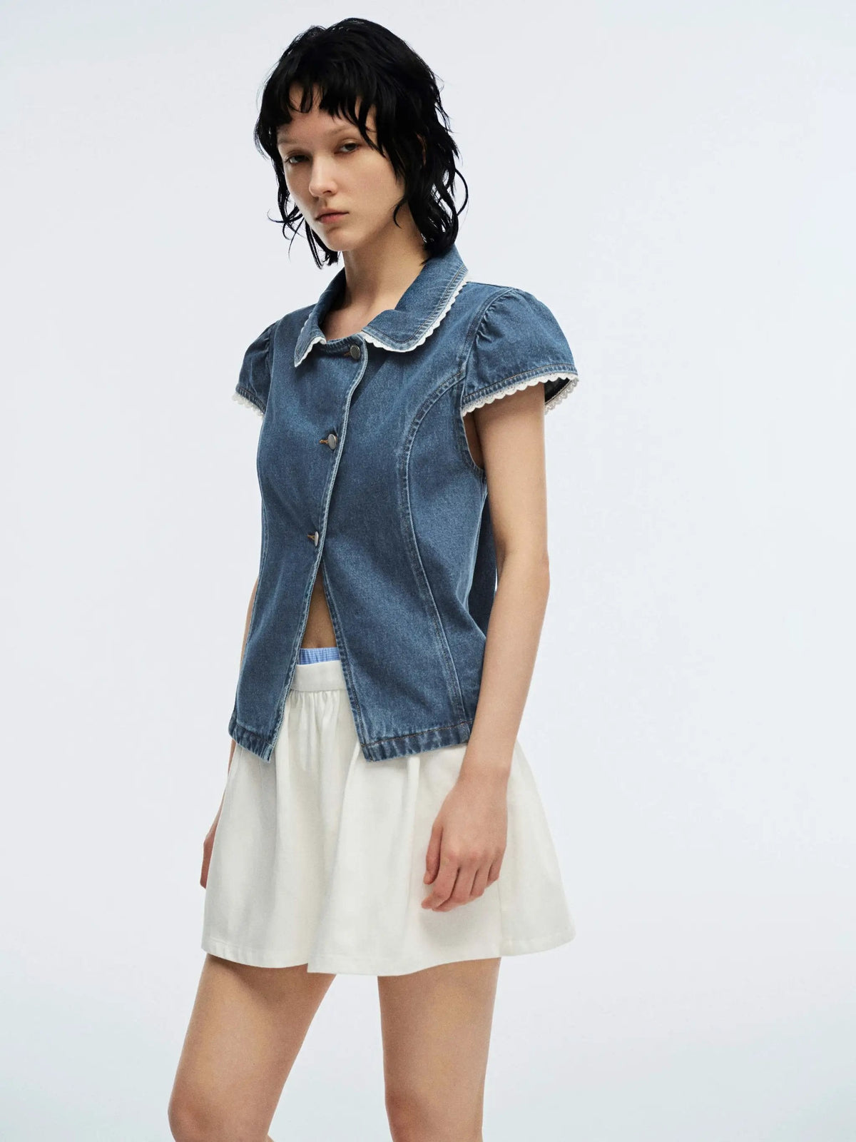 Peter Pan Collar Lace Trim Fit Cotton Cap Sleeve Denim Shirt