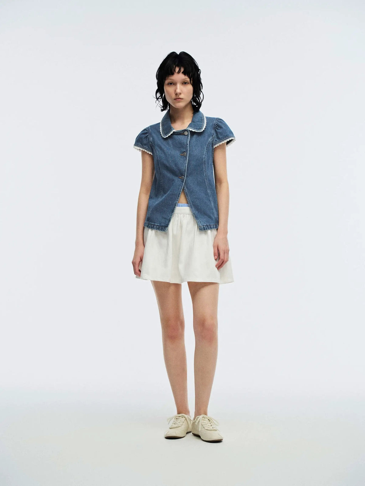 Peter Pan Collar Lace Trim Fit Cotton Cap Sleeve Denim Shirt